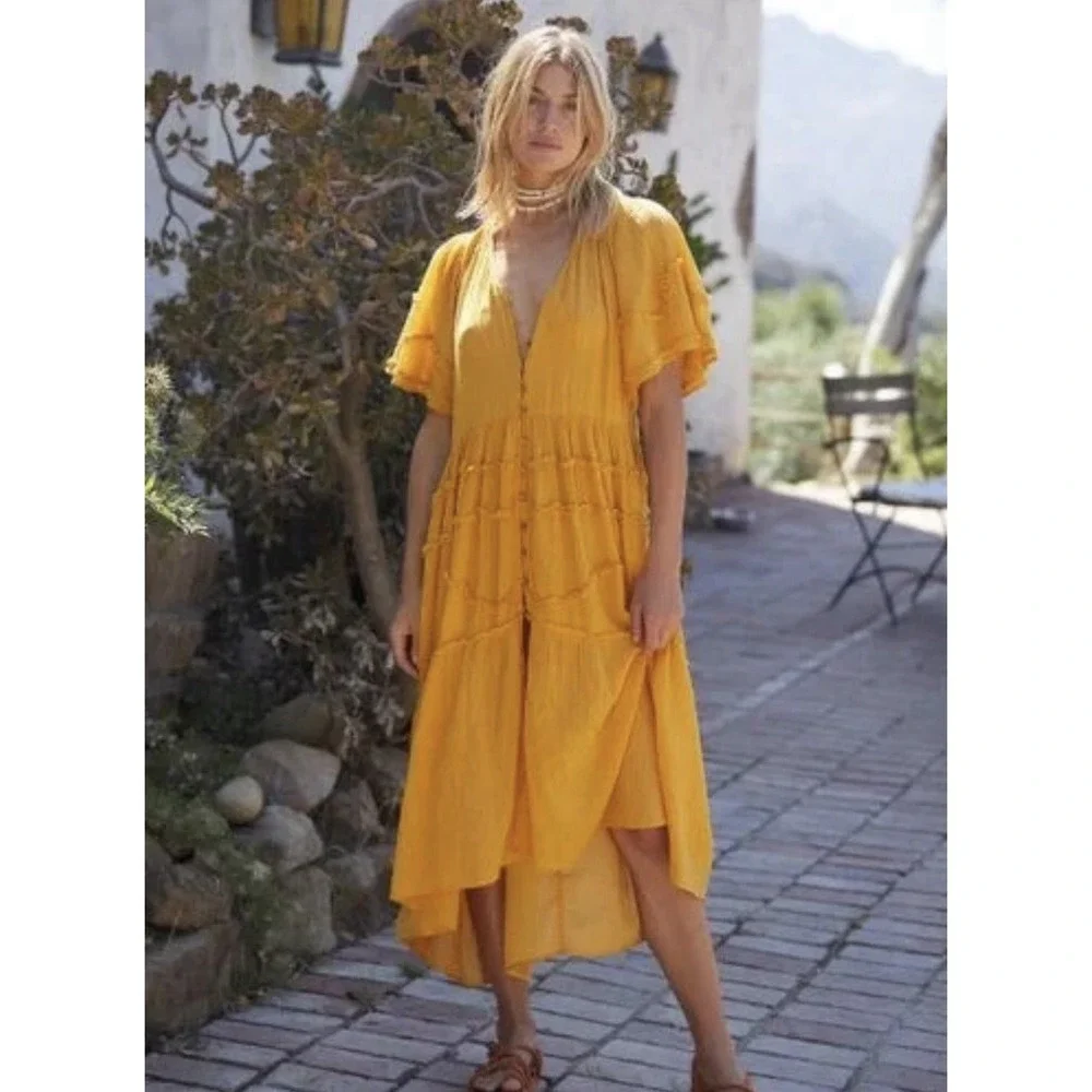 Free People Orianna Button Front Gold Yellow Midi Dress Size XS Oversized